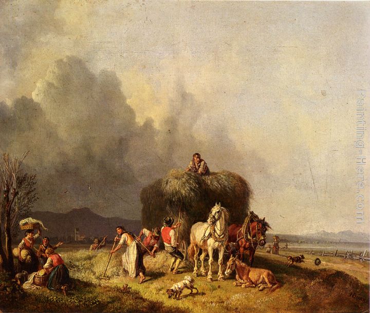 Loading The Hay-Wagon painting - Heinrich Burkel Loading The Hay-Wagon art painting